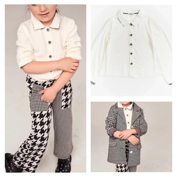 NEW Finding Foxtale Girl Classic Button Blouse Size 5 Ivory Houndstooth Chic $39 - Picture 1 of 9